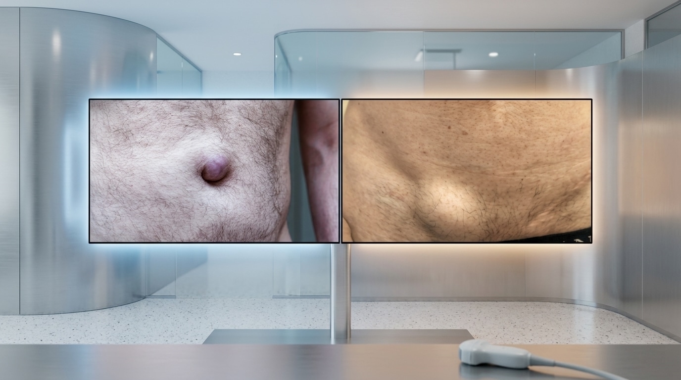 Infografía comparativa sobre las diferencias entre hernia umbilical e inguinal, detallando síntomas y riesgos de complicaciones. Información médica para pacientes en Costa Rica sobre cuál hernia es más peligrosa y cuándo buscar cirugía de emergencia