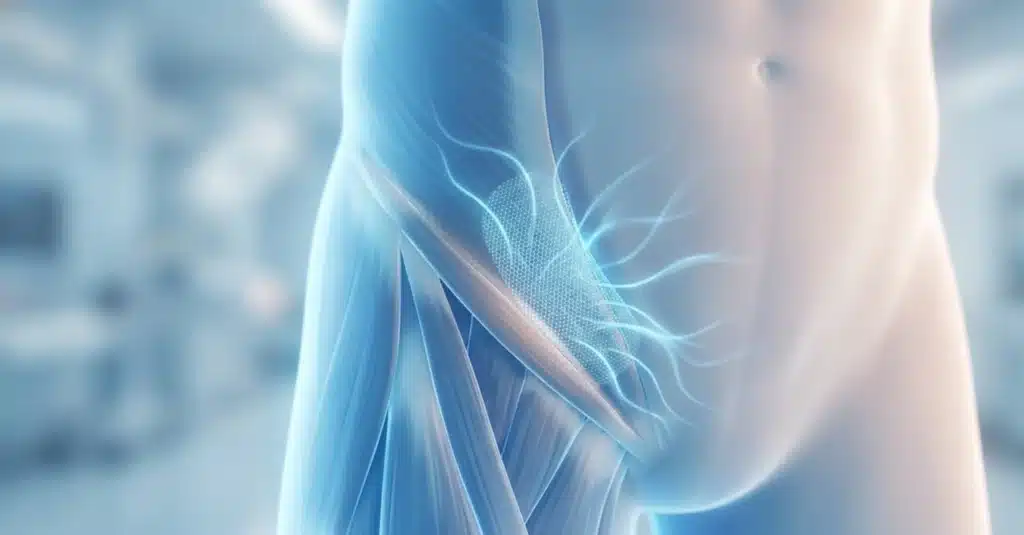 Render 3D médico fotorrealista de la pared abdominal que muestra la correcta integración de una malla para hernia con el tejido. Información clínica dirigida a pacientes en Costa Rica para explicar la recuperación postoperatoria y evaluar si las sensaciones extrañas meses después de la cirugía son parte del proceso normal de cicatrización