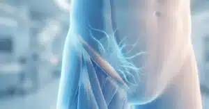 Render 3D médico fotorrealista de la pared abdominal que muestra la correcta integración de una malla para hernia con el tejido. Información clínica dirigida a pacientes en Costa Rica para explicar la recuperación postoperatoria y evaluar si las sensaciones extrañas meses después de la cirugía son parte del proceso normal de cicatrización
