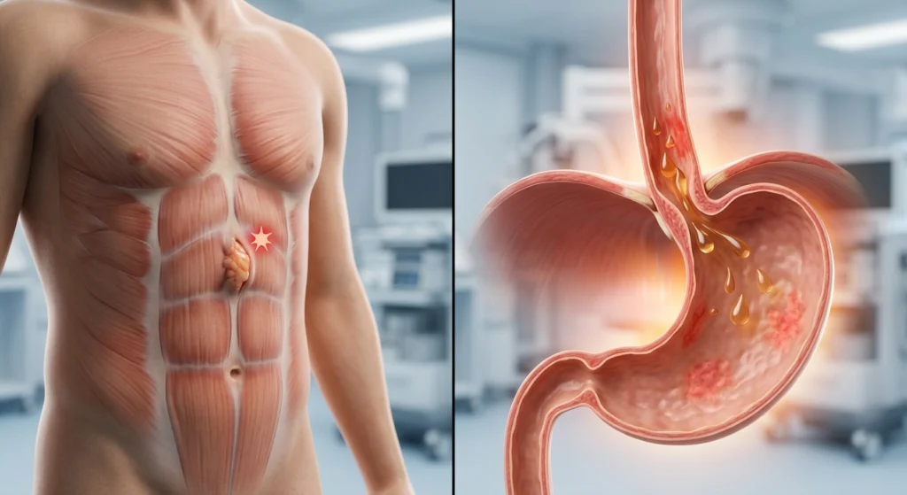 Render 3D médico fotorrealista de la región abdominal superior que ilustra la diferencia anatómica entre una hernia epigástrica pequeña y la irritación por gastritis o reflujo gastroesofágico. Guía diagnóstica para pacientes en Costa Rica sobre cómo identificar correctamente el origen del dolor abdominal y cuándo consultar al especialista.