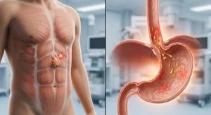 Render 3D médico fotorrealista de la región abdominal superior que ilustra la diferencia anatómica entre una hernia epigástrica pequeña y la irritación por gastritis o reflujo gastroesofágico. Guía diagnóstica para pacientes en Costa Rica sobre cómo identificar correctamente el origen del dolor abdominal y cuándo consultar al especialista.
