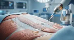 Render 3D médico fotorrealista de alta precisión que ilustra la aplicación de pegamento biológico para fijar una malla abdominal. Información especializada sobre técnicas de hernioplastia sin suturas en Costa Rica para reducir el riesgo de lesiones nerviosas y minimizar el dolor crónico postoperatorio.